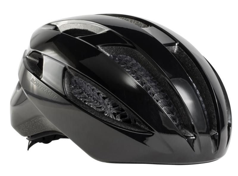 A grey and black cycling helmet with the Bontrager logo on the side