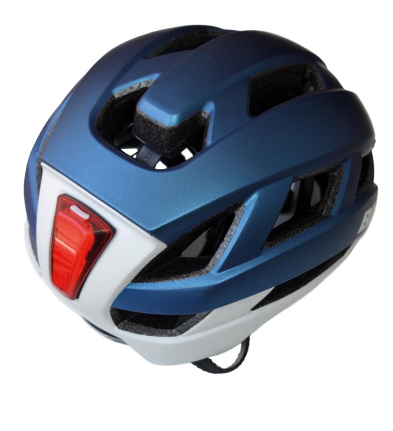 A blue and grey cycling helmet showing a red light at the back