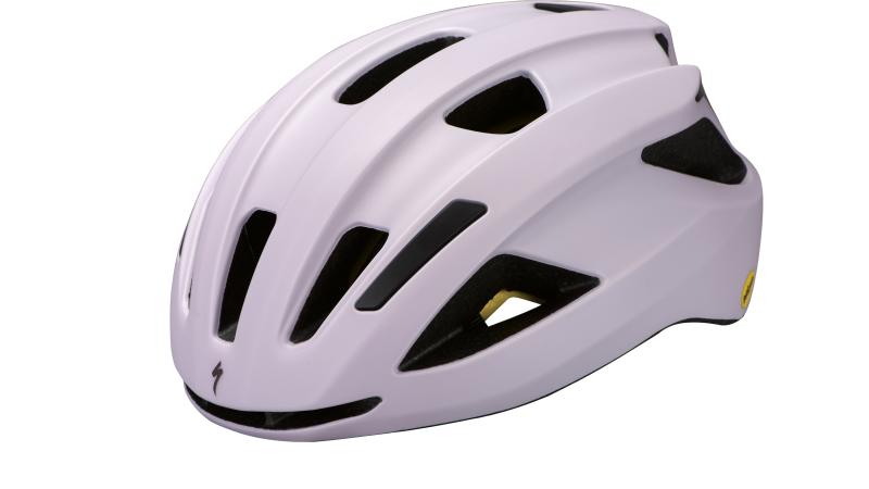 A white cycling helmet with black interior and a stylised 'S' logo in black on the front