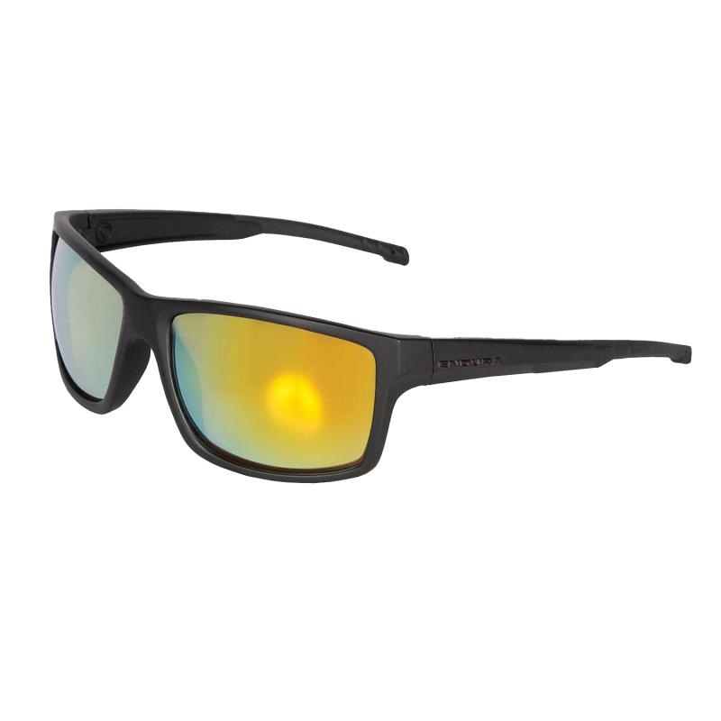 A pair of cycling sunglasses. They have black frames that go all the way around the lenses, which are yellow.