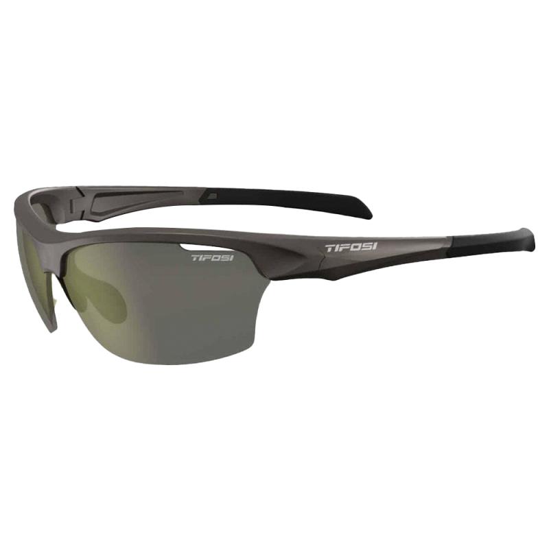 A pair of cycling sunglasses. They have black half frames and black lenses. The Tifosi logo is on the arm and the lens.