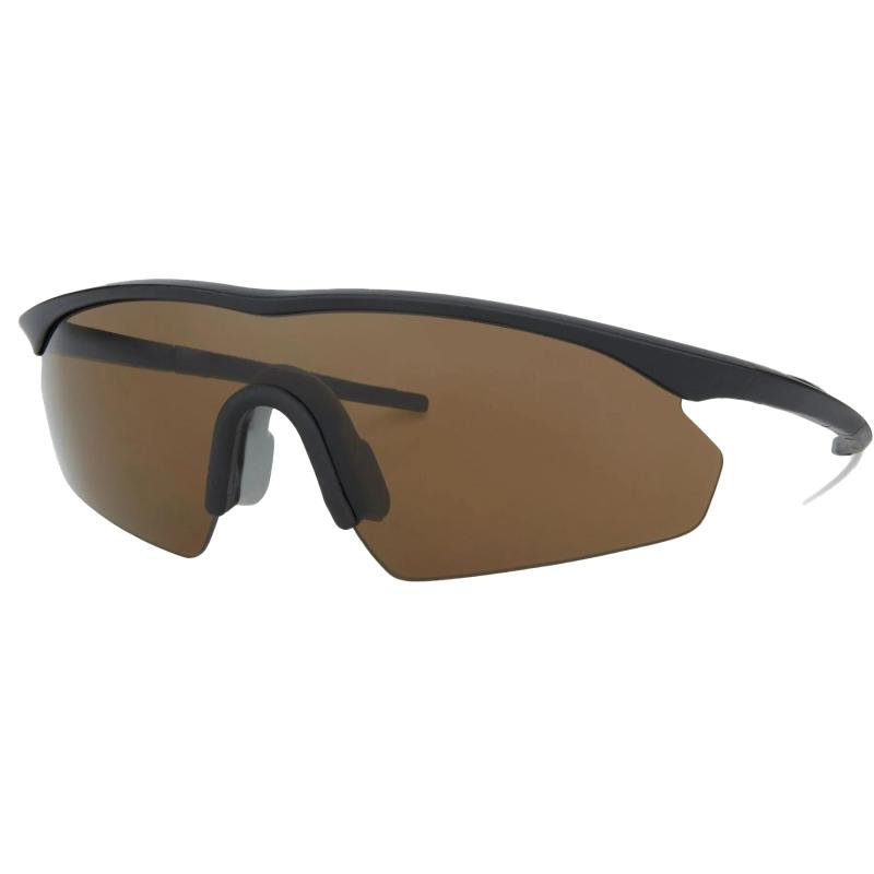 Cycling sunglasses with black half frame, black nose rest and brown lenses