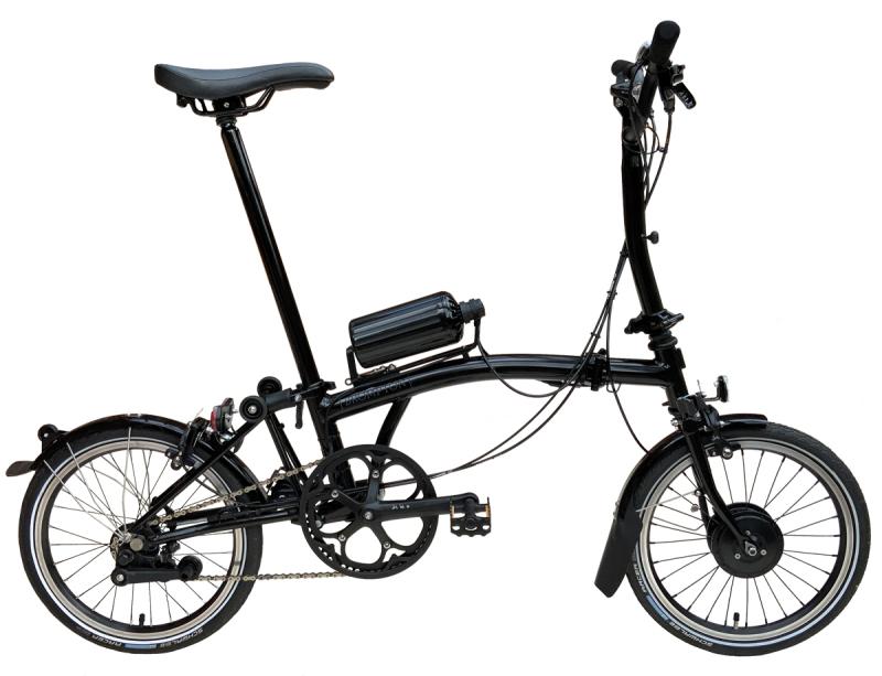 A black Brompton folding bike with the Cytronex kit that converts it to an e-folder
