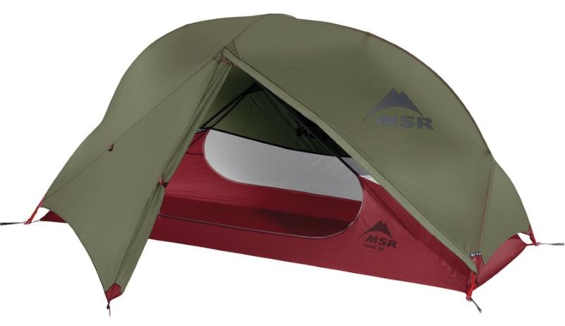 The MSR Hubba NX, a small green and red one-person tent