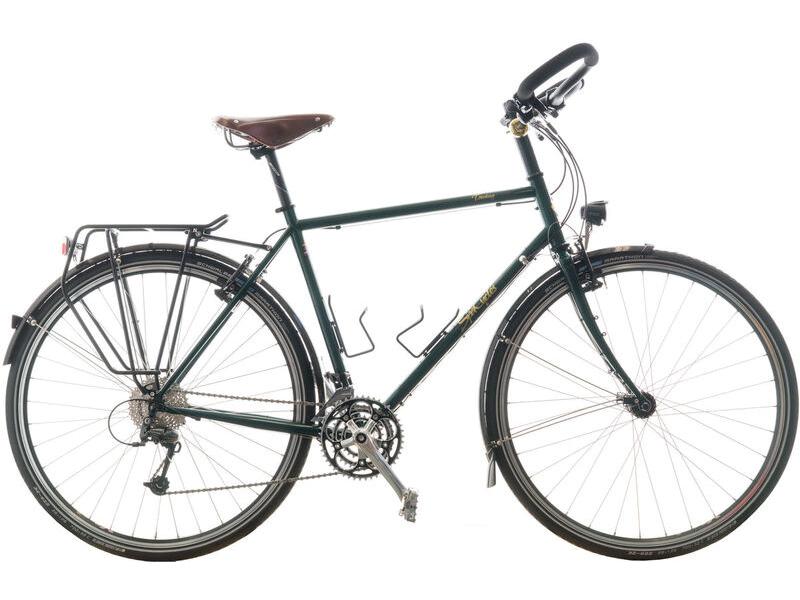 The Spa Cycles 725 Trekking bar tourer, a green butterfly-bar touring bike with black rear rack and mudguards
