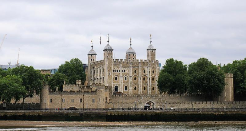The Tower of London, a large walled castle with a moat