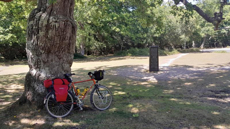 Bike leaning up against a tree in a park with the The Rufus Stone in the distance behind it
