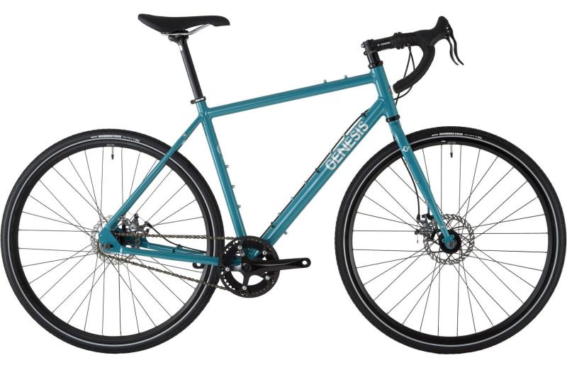 Genesis Flyer, a blue fixed-wheel, drop-bar bike, no mudguards