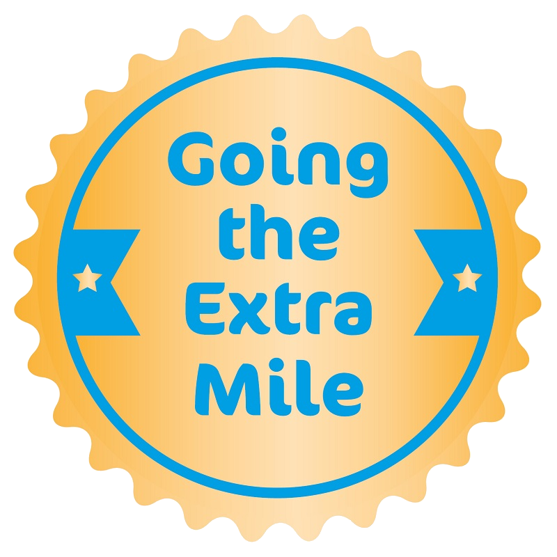 A round, gold award illustration with blue text that reads Going the Extra Mile
