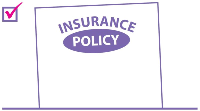 An illustration showing the words 'Insurance policy' on a white background with a pink tick in a purple box to the left