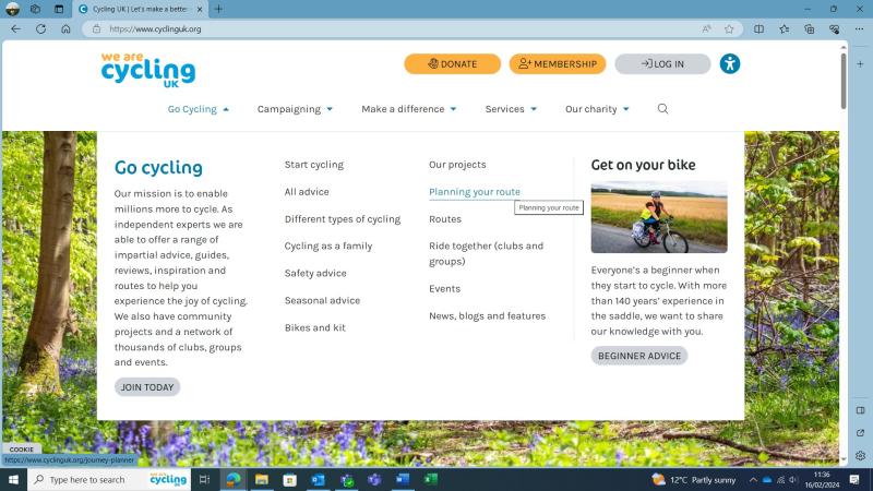 A screenshot of the Cycling UK website showing the main menu dropdown with Planning your route highlighted