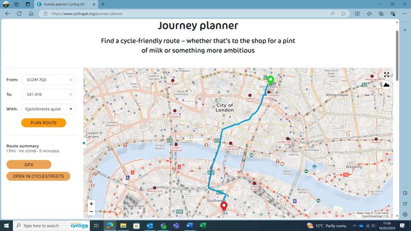 A screenshot of Cycling UK's journey planner showing a route from Liverpool Street station to Borough