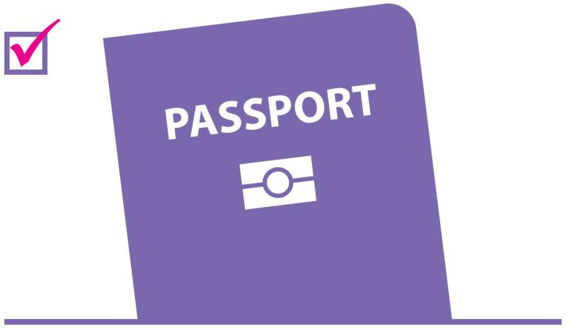 An illustration of a passport with a pink tick in a purple box to the left