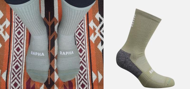 A composite shot of the Rapha Pro Team Winter Socks with someone wearing them while standing on a patterned rug on the right and the pistachio and grey socks on the right