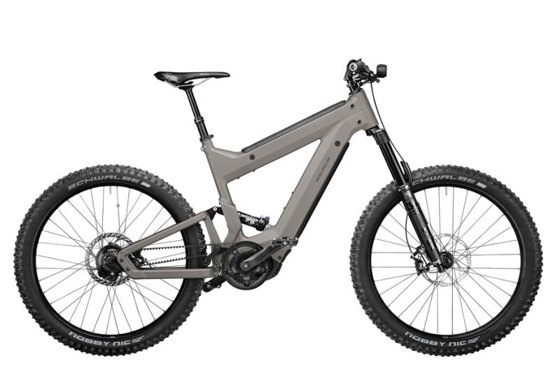 A silver grey e-mountain bike with the battery in the downtube, against a white background