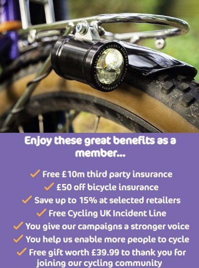 A list of Cycling UK member benefits, with a photo of a wheel-mounted front bike light