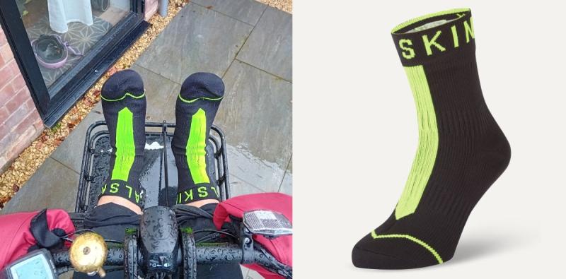 Composite image of Sealskinz Dunton socks with someone wearing them on a bike while in the rain on the right and the black and neon yellow socks on the left.