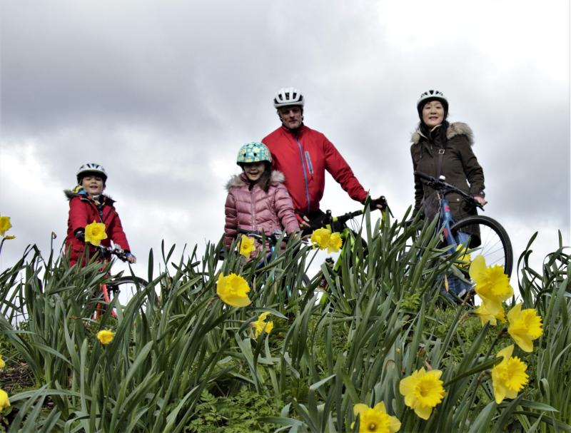A family of four are standing with their bikes behind a bed of daffodils. They are wearing warm spring cycling clothing