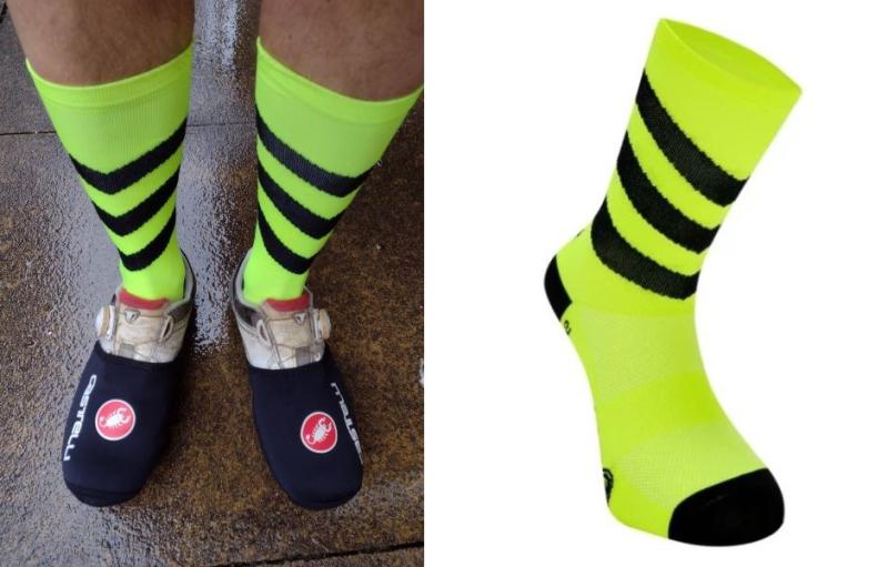Composite image of Stolen Goat Vulture Thermolite sock, with a person wearing them with Castelli cycling shoes on the right and the neon yellow with black toe and heel and three black stripes around the leg