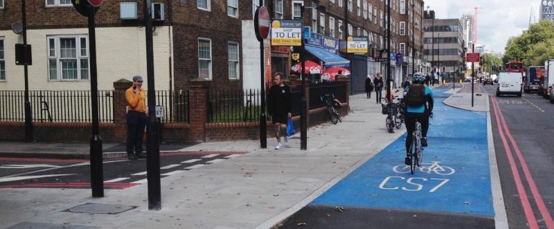 Cycle track given priority over a side-road by design, Kennington, London