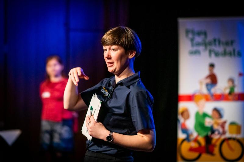 Cycling UK's Emily Ryder addresses the event