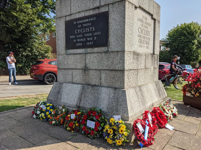 Wreaths laid around the Cyclist War Memorial on Meriden Green