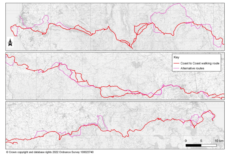 An image showing three maps which demonstrate different variations for the Coast to Coast path