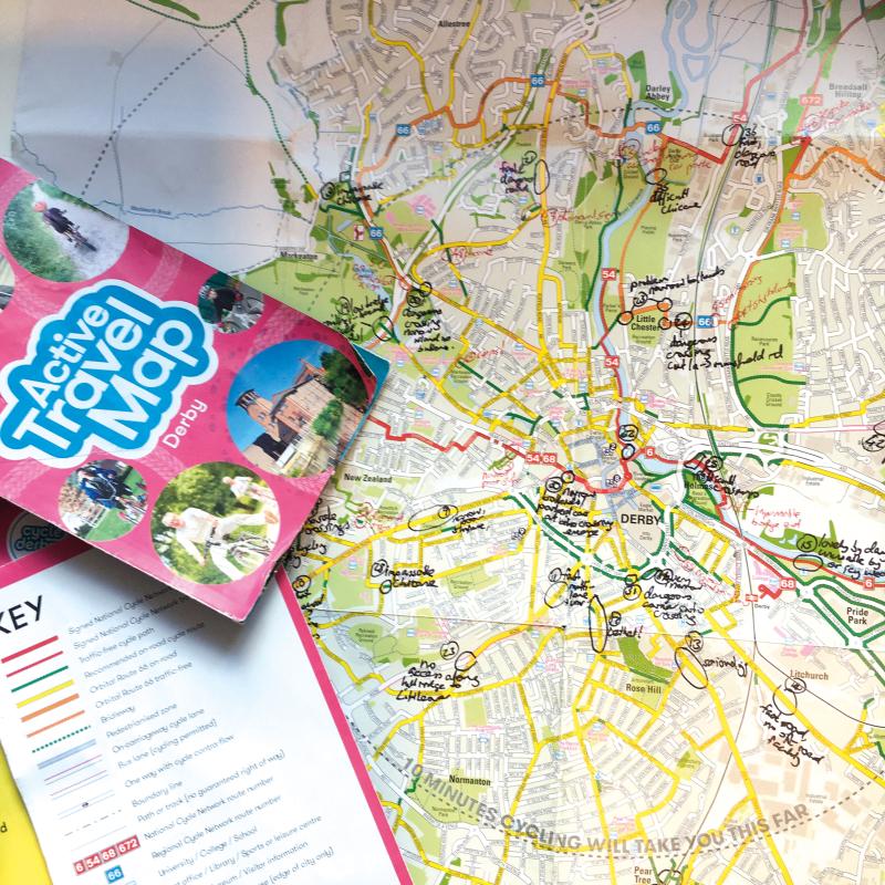 A map of Derby with the words ' Active Travel map Derby'