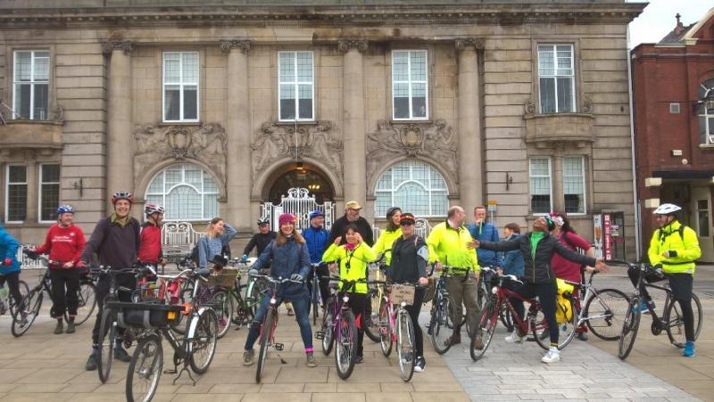'Crewetical Mass' riders outside the municipal buildings