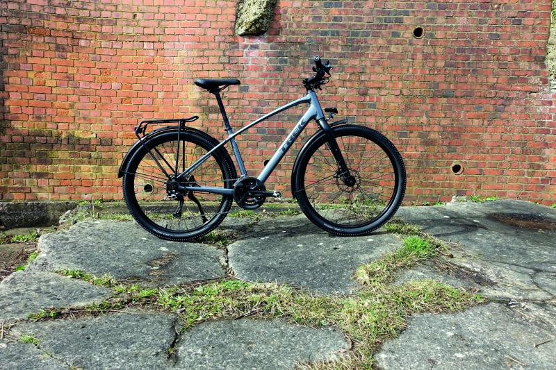 A silver off-road bicycle