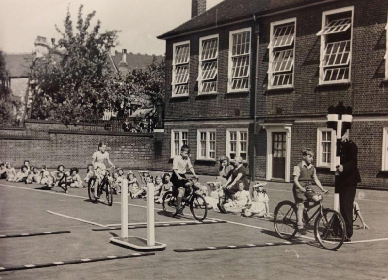 Children taking a cycling proficiency test in 1947