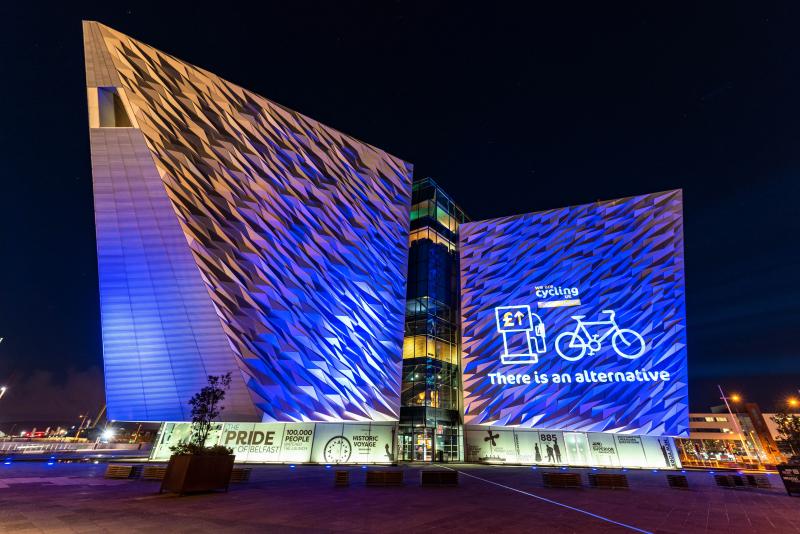 Lighting up the Titanic Museum in Belfast with the pro-cycling message &quot;There is an alternative&quot;