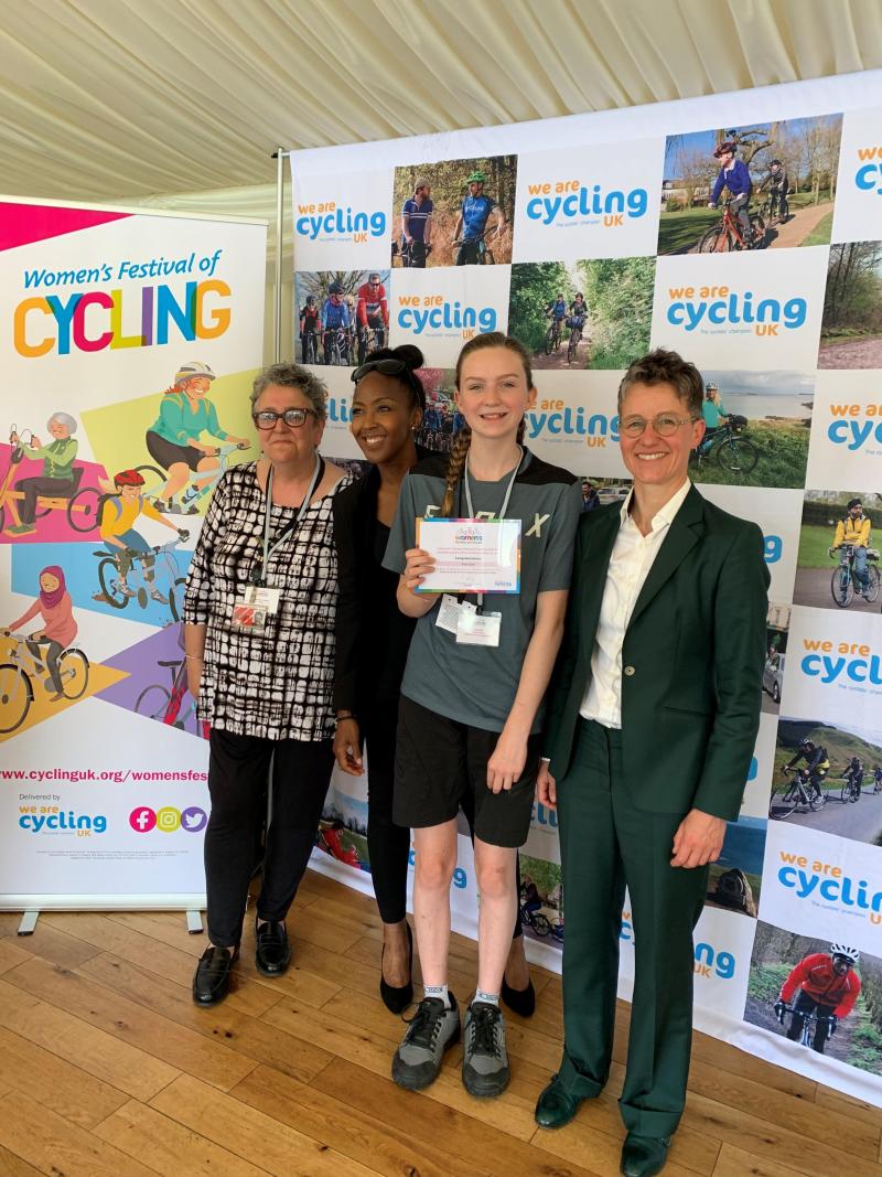 Eme at the Houses of Parliament, receiving her Cycling UK 100 Women in Cycling award for 2019