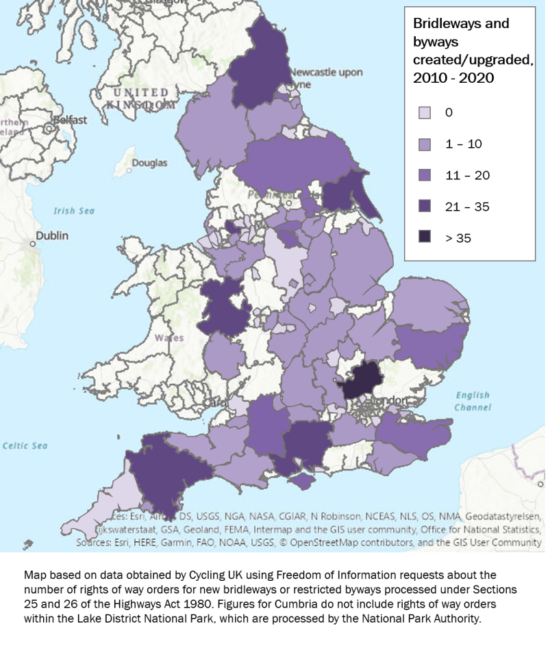Colour coded map showing how many bridleways and byways councils in England have created or upgraded between 2010-2020