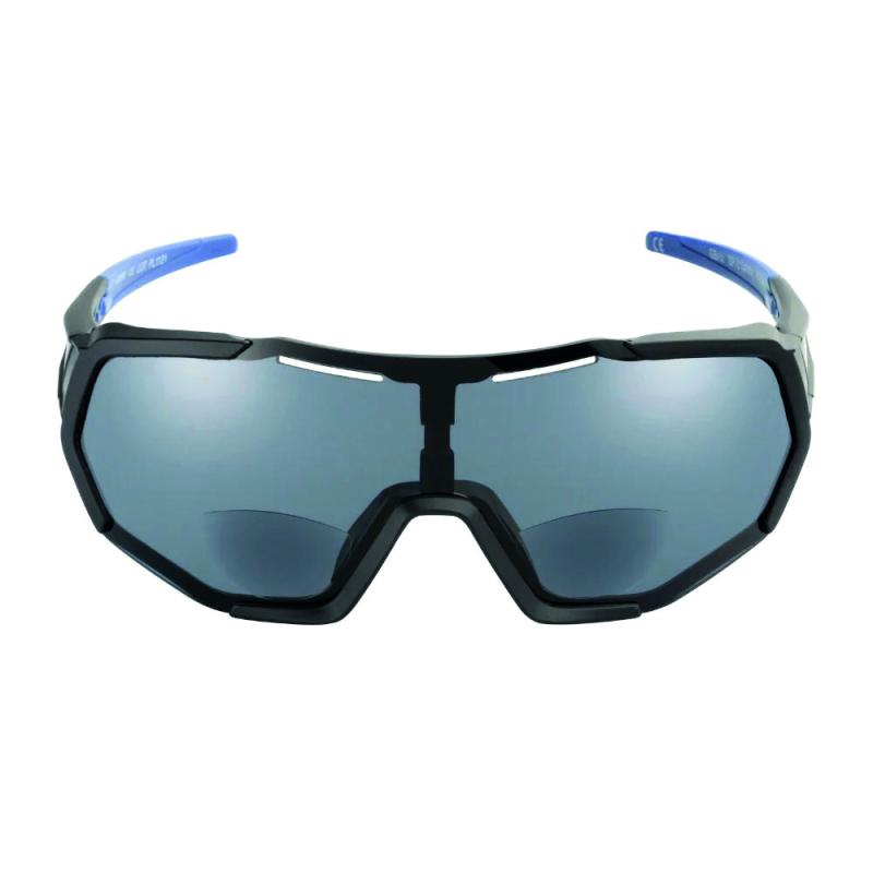 A pair of cycling sunglasses with blue and black full frames and blue lenses