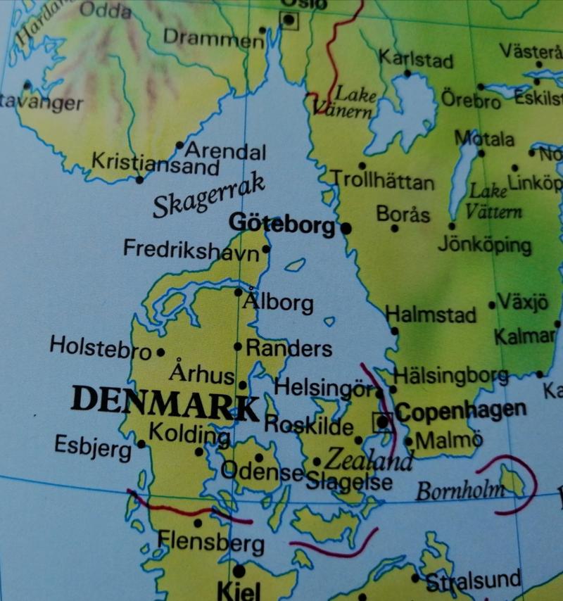 Close up picture of a map of Denmark and Southern Sweden
