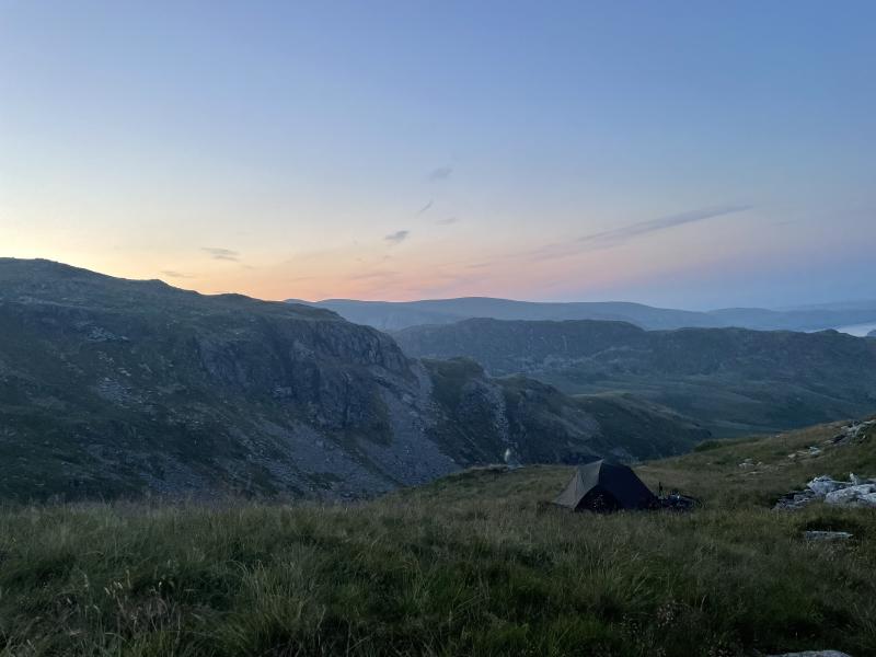 Bikepacking camping in the Lake District at Nan Bield Pass at sunrise