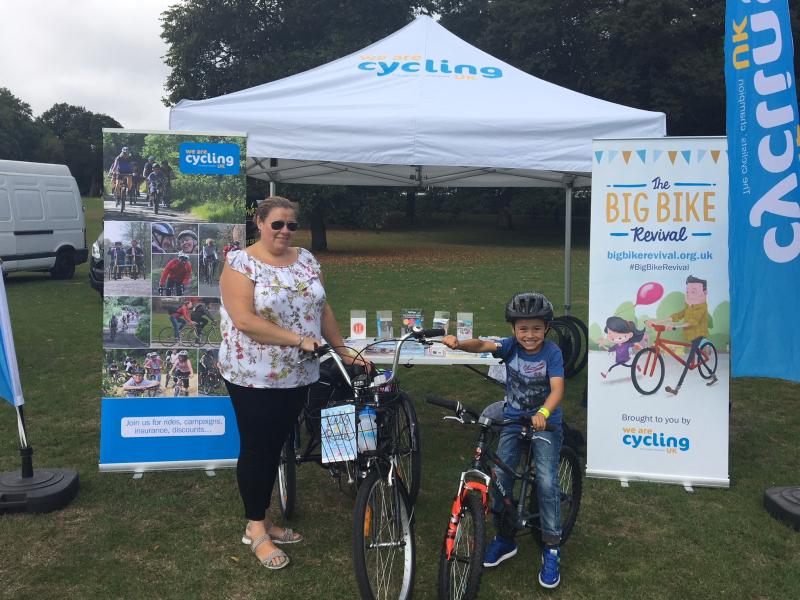 Jane and Lucas Sumner outside the Cycling UK tent