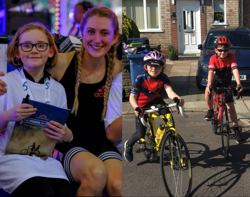 Left: Annabel Killey with Olympic Gold medal winning cyclist, Laura Kenny. Right: Annabel and her brother James on their bikes