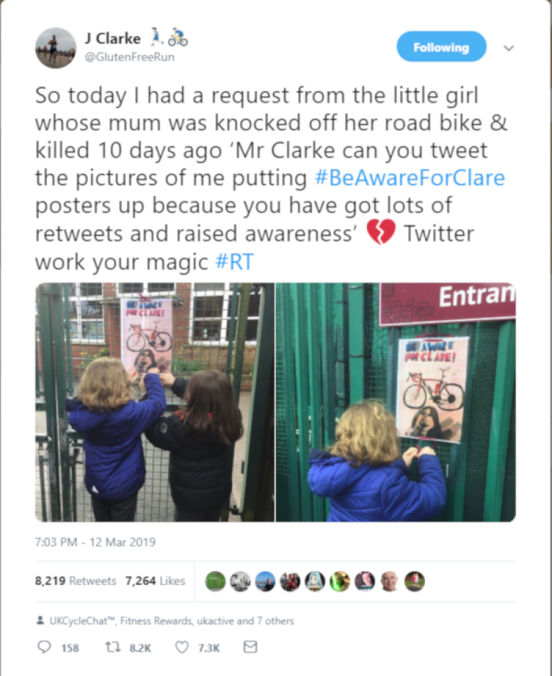 J Clarke's tweet #BeAwareForClare