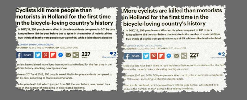 Two versions of the headline which appeared in the MailOnline