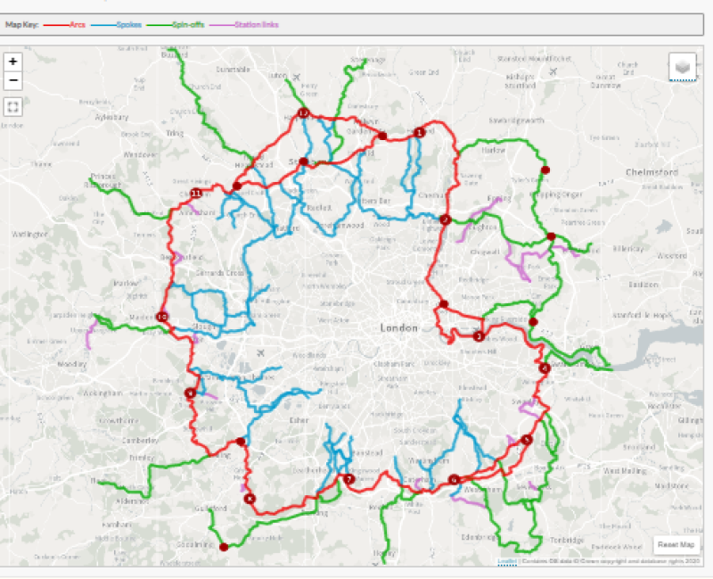 An illustrative map of London showing dozens of cycle routes