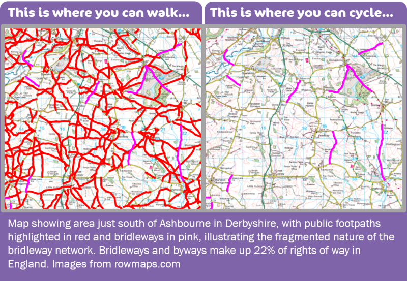 Two maps of an area south of Ashbourne in Derbyshire. The first highlights all the rights of way, showing where you can walk. The second highlights the few bridleways and byways, where you can cycle.