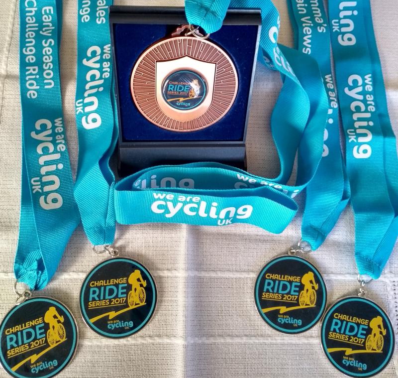 Linda's medal haul from the Challenge Ride Series 2017