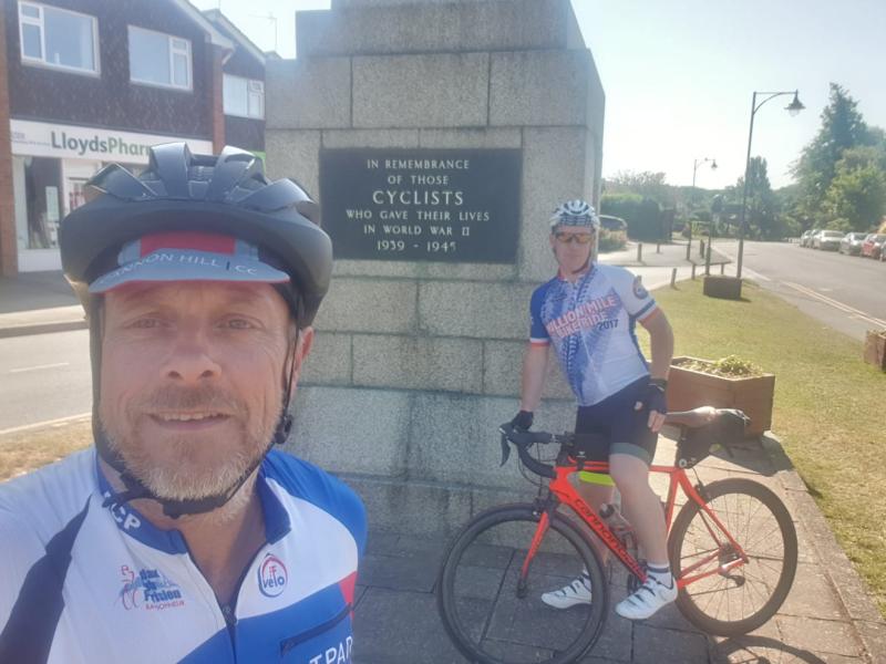 Mick and Karl from Cannon Hill CC visit the Cyclists' Memorial at Meriden.  Photo by Cannon Hill CC