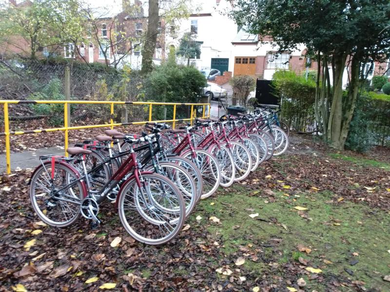 Row of new and identical bikes lined up outdoors
