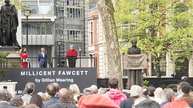 The unveiling of the statue of Millicent Fawcett in April 2018