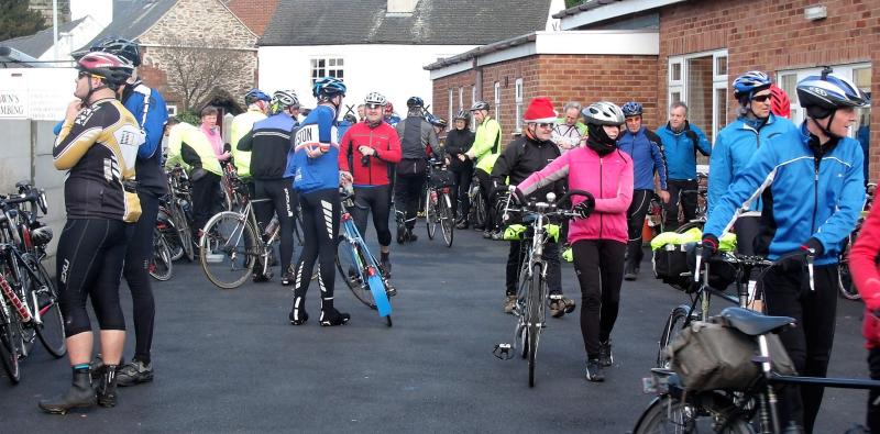 Groups of cyclists outside the hall