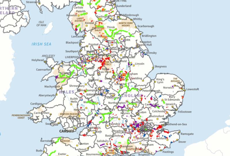 Map of England with lots of coloured lines