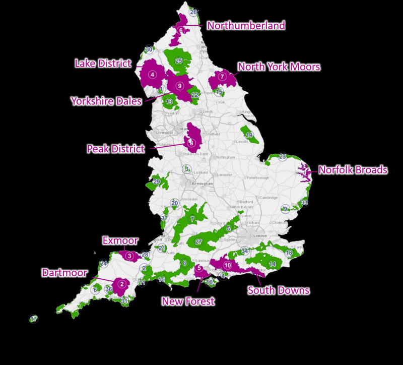 Map of National Parks and AONBs in England